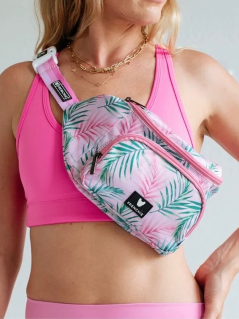 FRENCHIE FANNY PACK PINK and GREEN TROPICAL PRINT CROSSBODY WAIST BUM BAG NWT